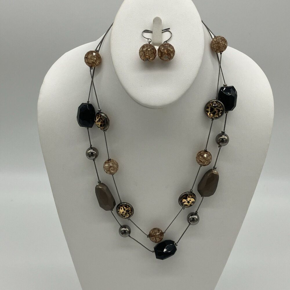 Gunmetal Crackle‎ Glass Leopard Layered Station Necklace & Earrings Set